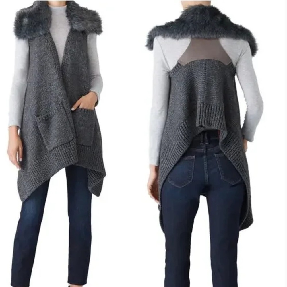Kaufmanfranco Carbon Faux Fur Vest Knit Gray Boho Festival Sz L